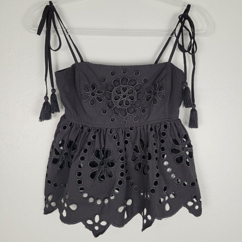 En Saison Black Eyelet Tie-Strap Peplum Tank Top